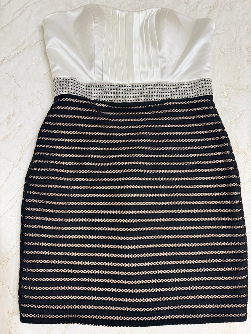 Ivory & Black Strapless Rhinestone Cocktail Dress